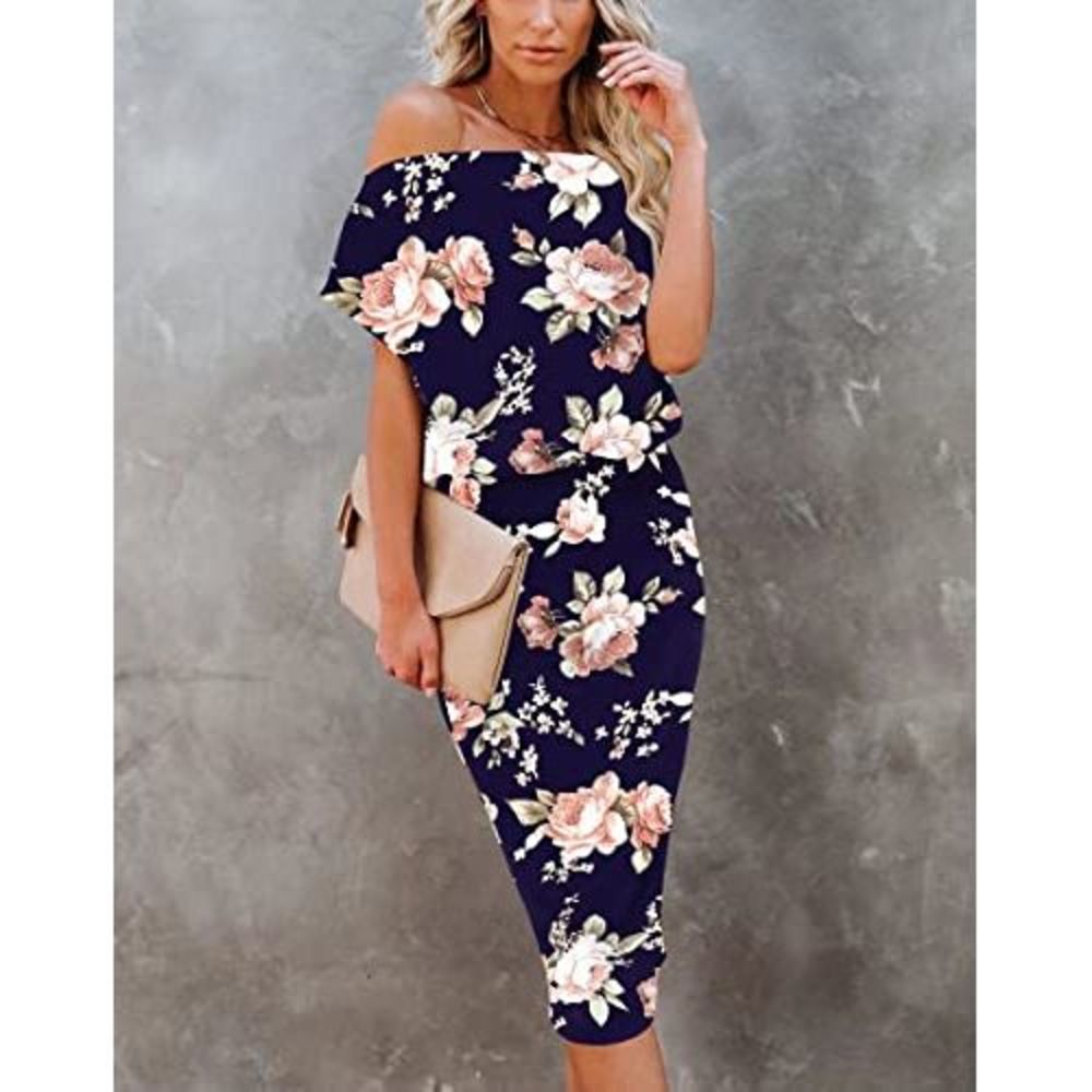 Ezbelle Womens Floral Dresses Off The Shoulder Short Sleeve Knit Casual Party